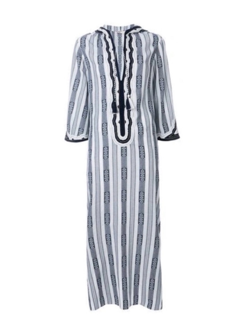 TORY BURCH Corbin Hooded White Navy & Gold Striped Runway Maxi Tunic Dress